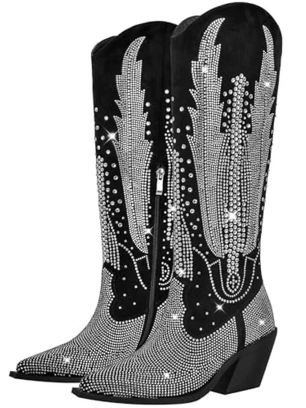 Women's Knee High Boots Cowgirl Rhinestone Bling Pointed Toe Chunky Heel